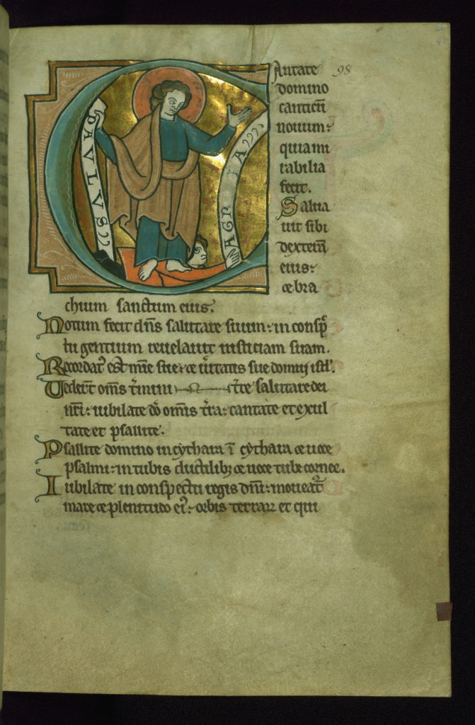 Title: Initial "C" with St. Paul trampling Agrippa Form: Historiated initial "C," 12 lines Text: Psalm 97 Comment: The inscriptions on the scrolls read "Paulus/Agr[ipp]a." The second inscription is partially obliterated.